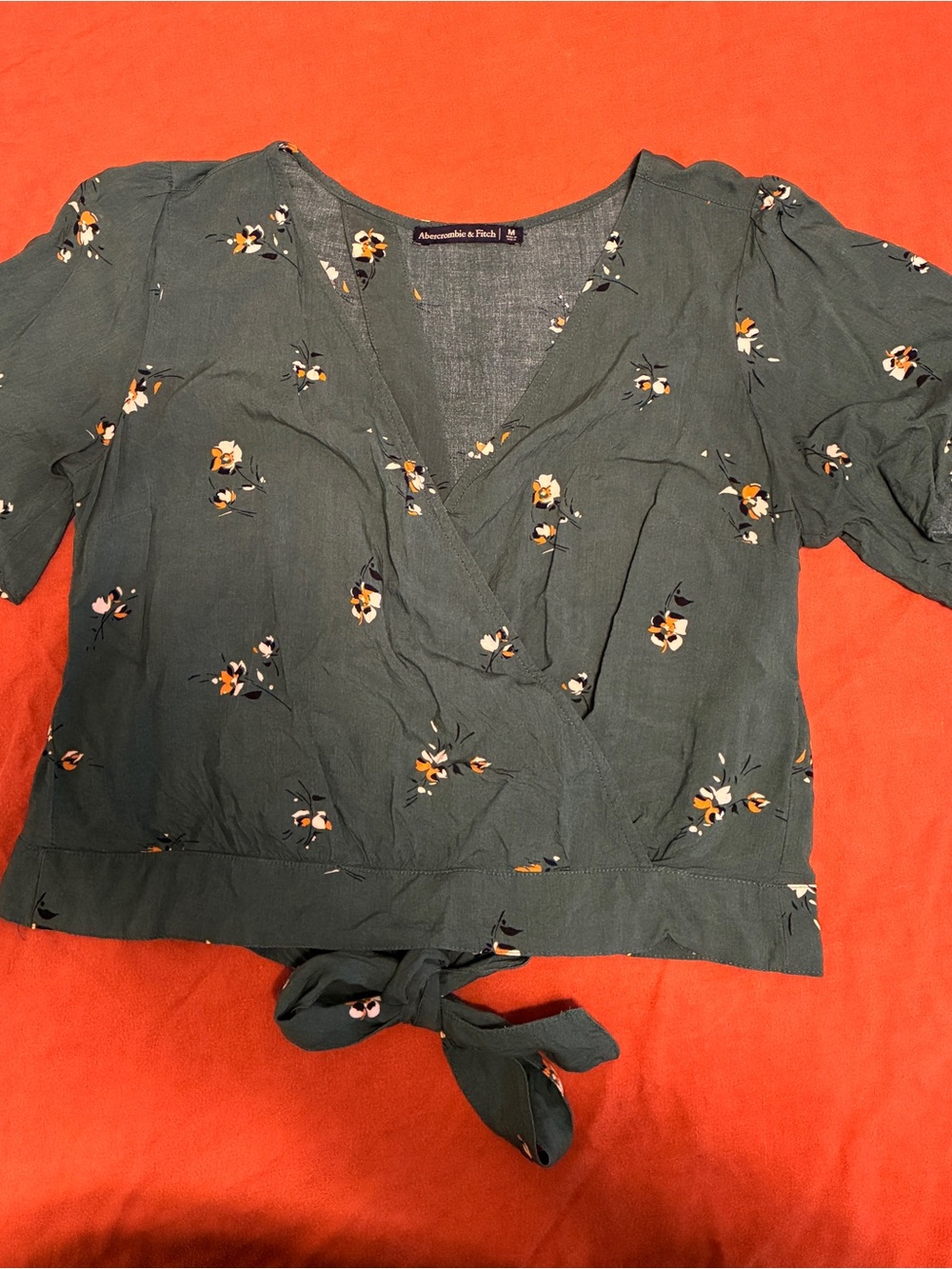Abercrombie & Fitch Dark Green Floral Tie-Front Crop Top